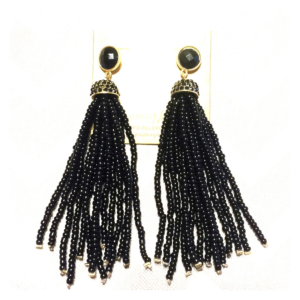Black Beaded Tassel Earrings - Gold Accent